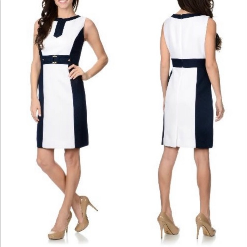 Tahari White and Navy Colorblock Midi Dress